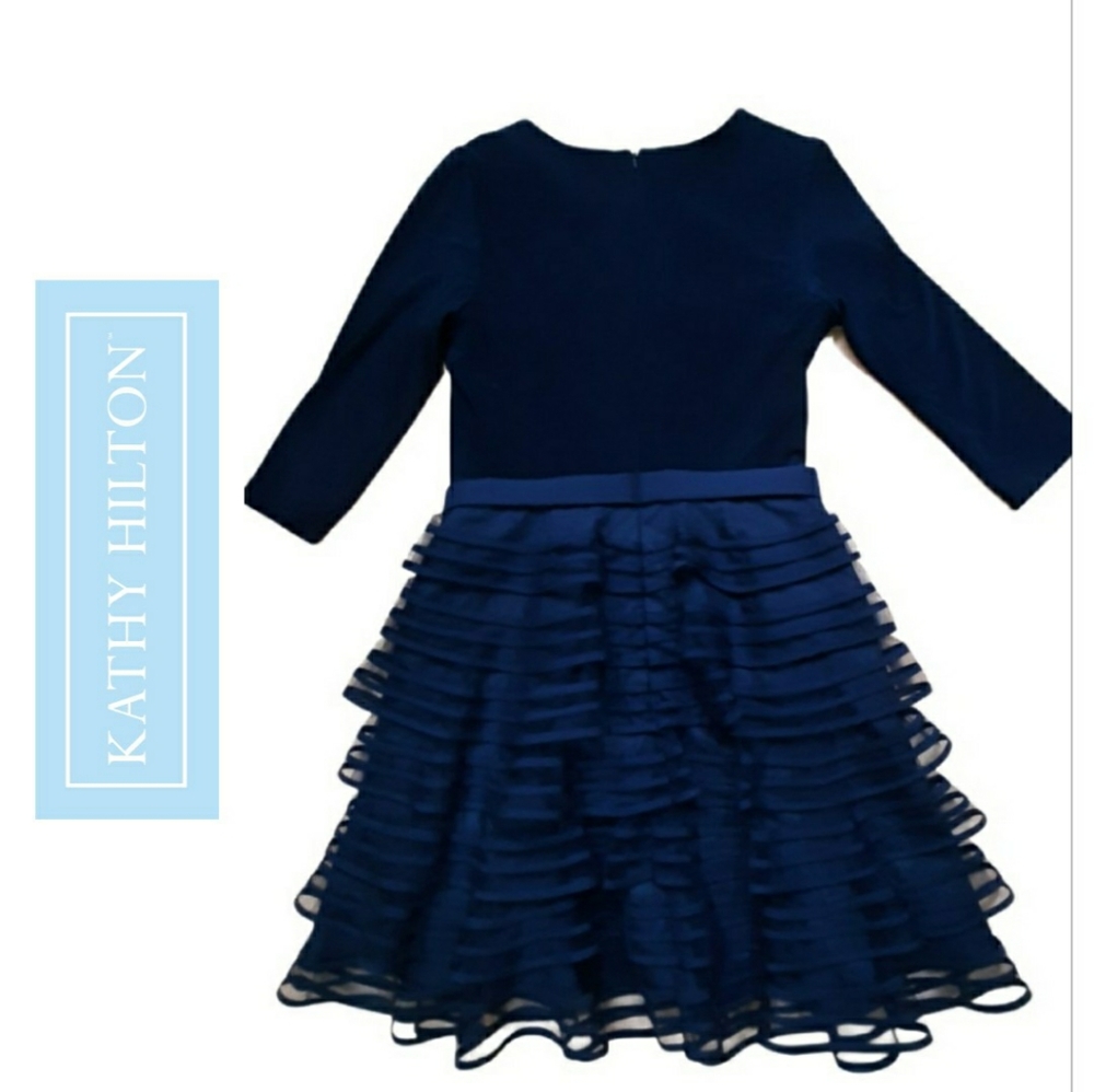KATHY HILTON Tiered Mesh Skirt Dress Navy Blue